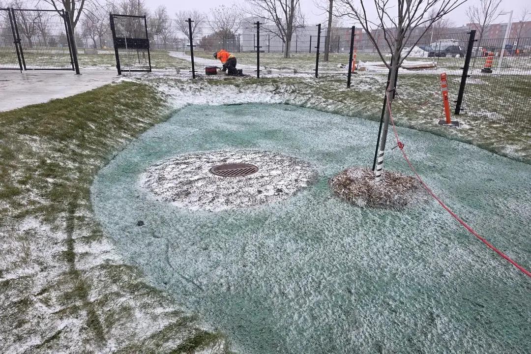 Bassin de rétention à Montréal couvert de paillis et d'une neige légère